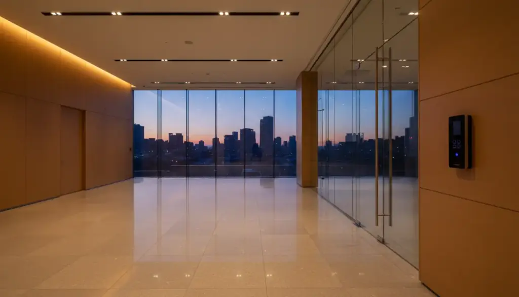 A corporate lobby at dusk with a card reader mounted beside the glass entry doors