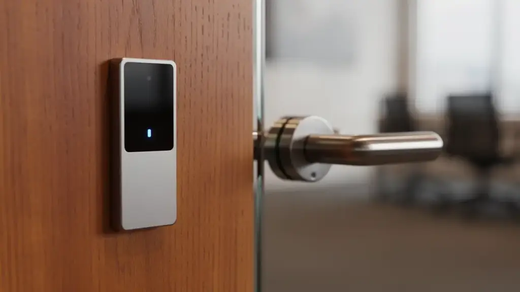 Card reader mounted beside the handle of a glass office door
