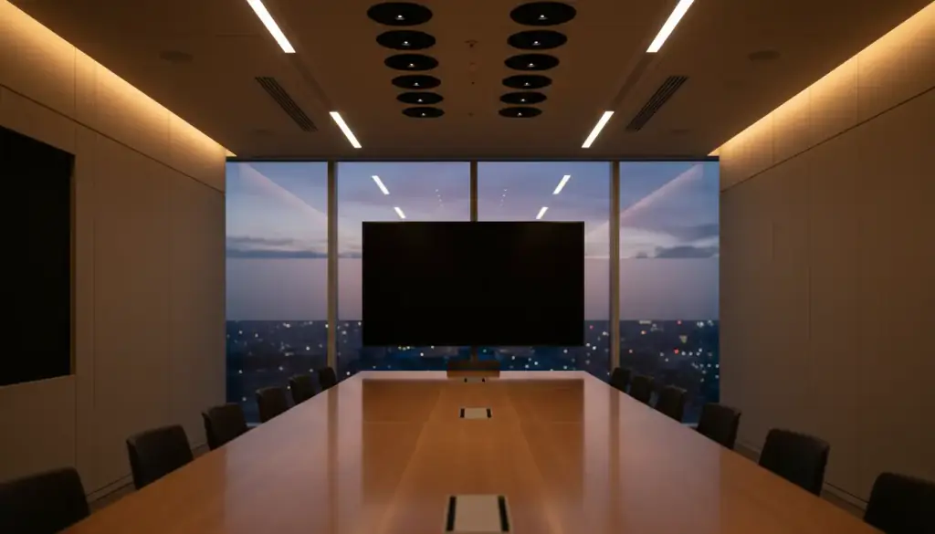 Empty boardroom at dusk with a wall display and ceiling microphone array