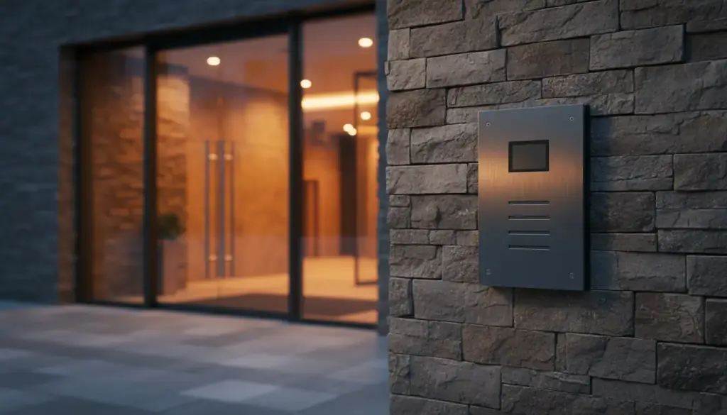 Video intercom entry panel on the stone wall of a lit building entrance