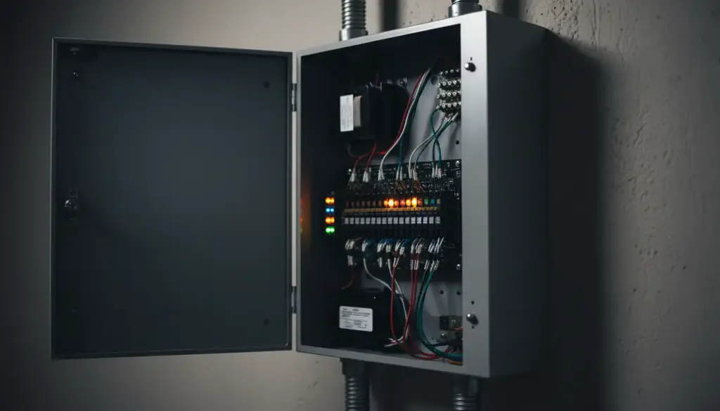 Open commercial alarm panel enclosure with status indicators lit