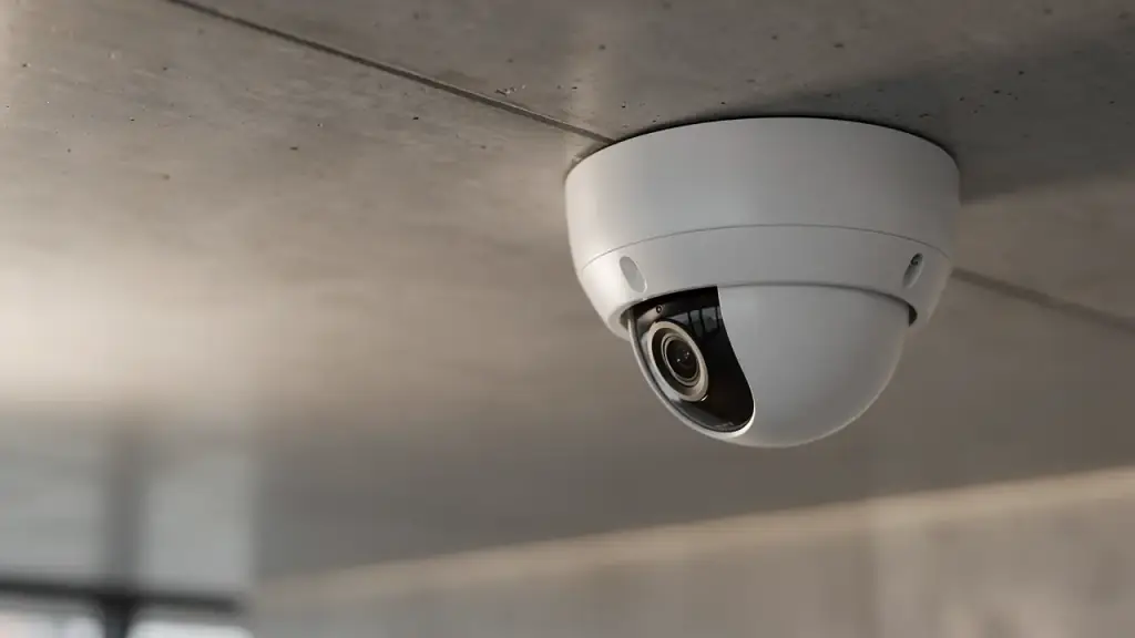Dome camera mounted on the concrete ceiling of a commercial interior