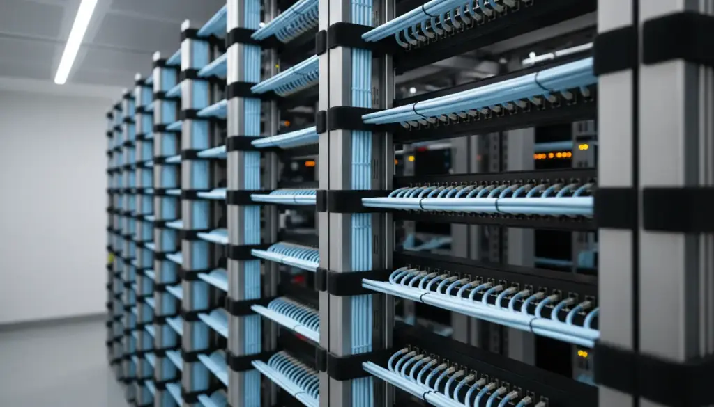 Patch panel field with dressed Cat6A cable bundles in a building equipment room